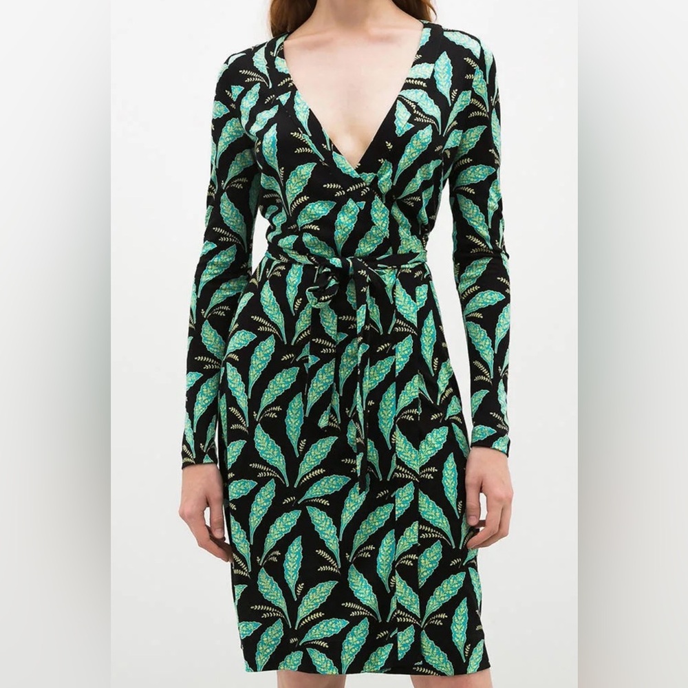 Diane Von Furstenberg Wrap Dress 12 Black And Green Classic Designer Luxury